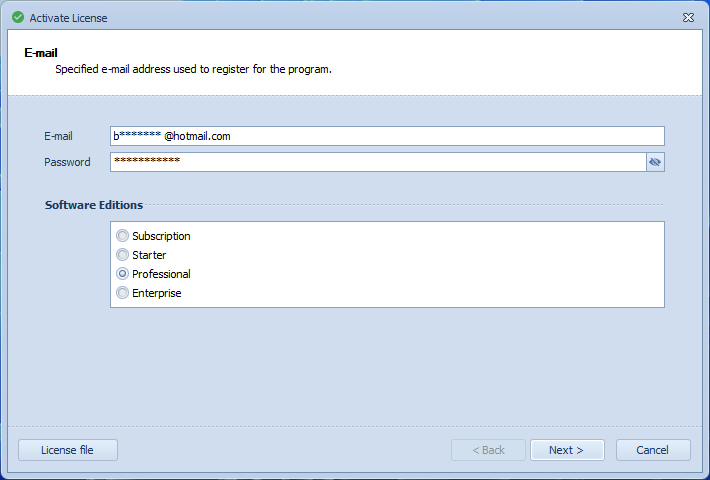 หน้า Activate License ระบุ E-mail Password และรุ่นของซอฟต์แวร์