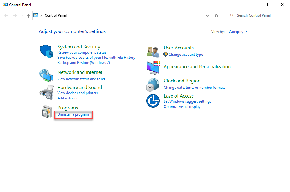 เปิด Control Panel แล้วคลิก Uninstall a program