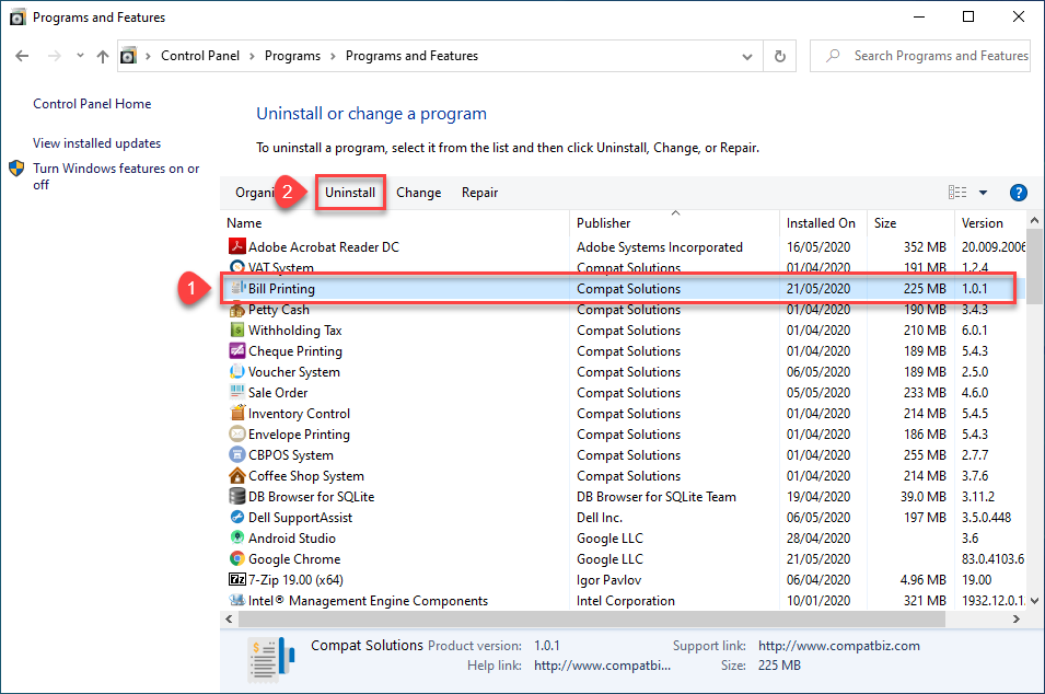 เลือก Bill Printing แล้วคลิกที่ Uninstall